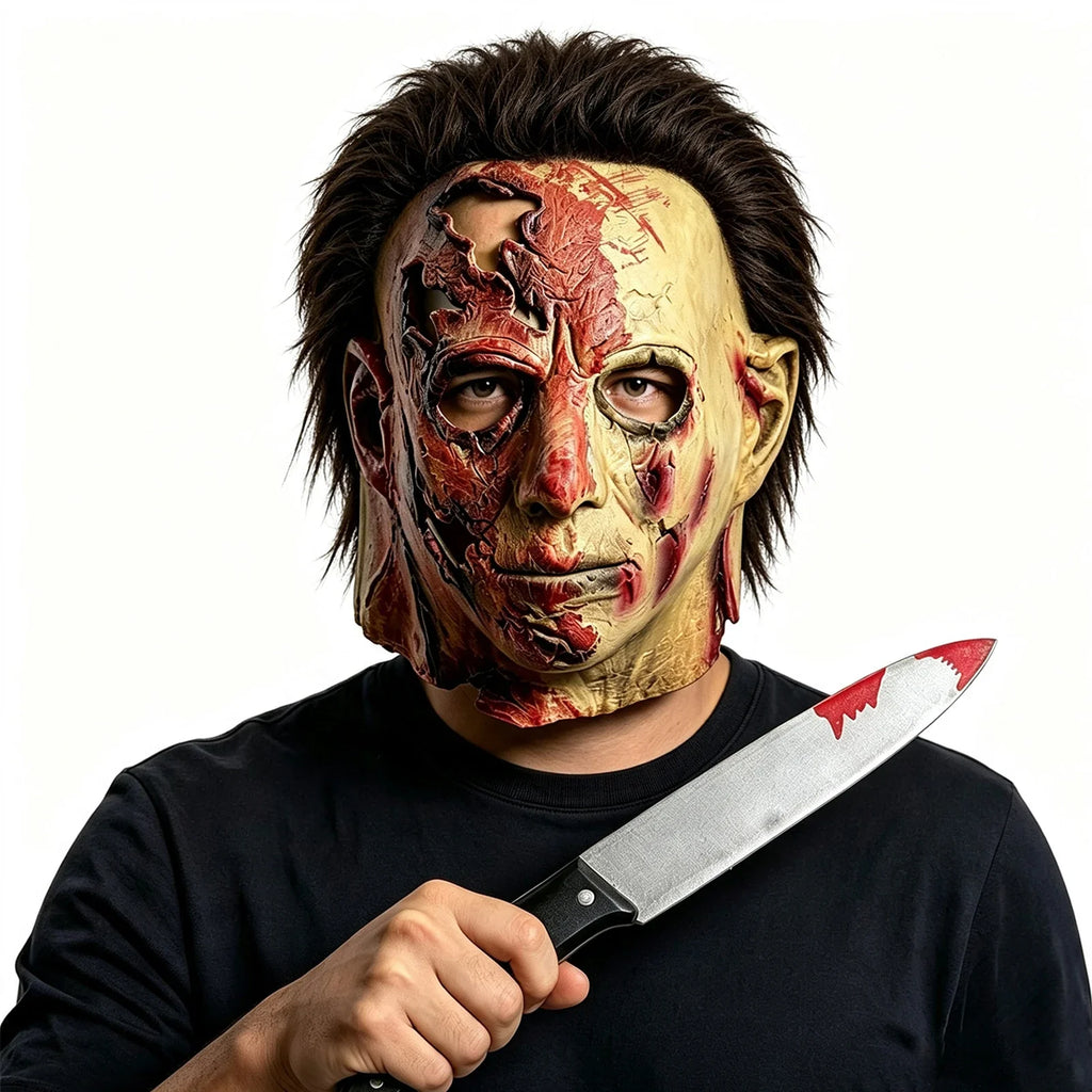 Alternate front view of the Bloody Slasher Mask & Prop Knife Set on a clean background