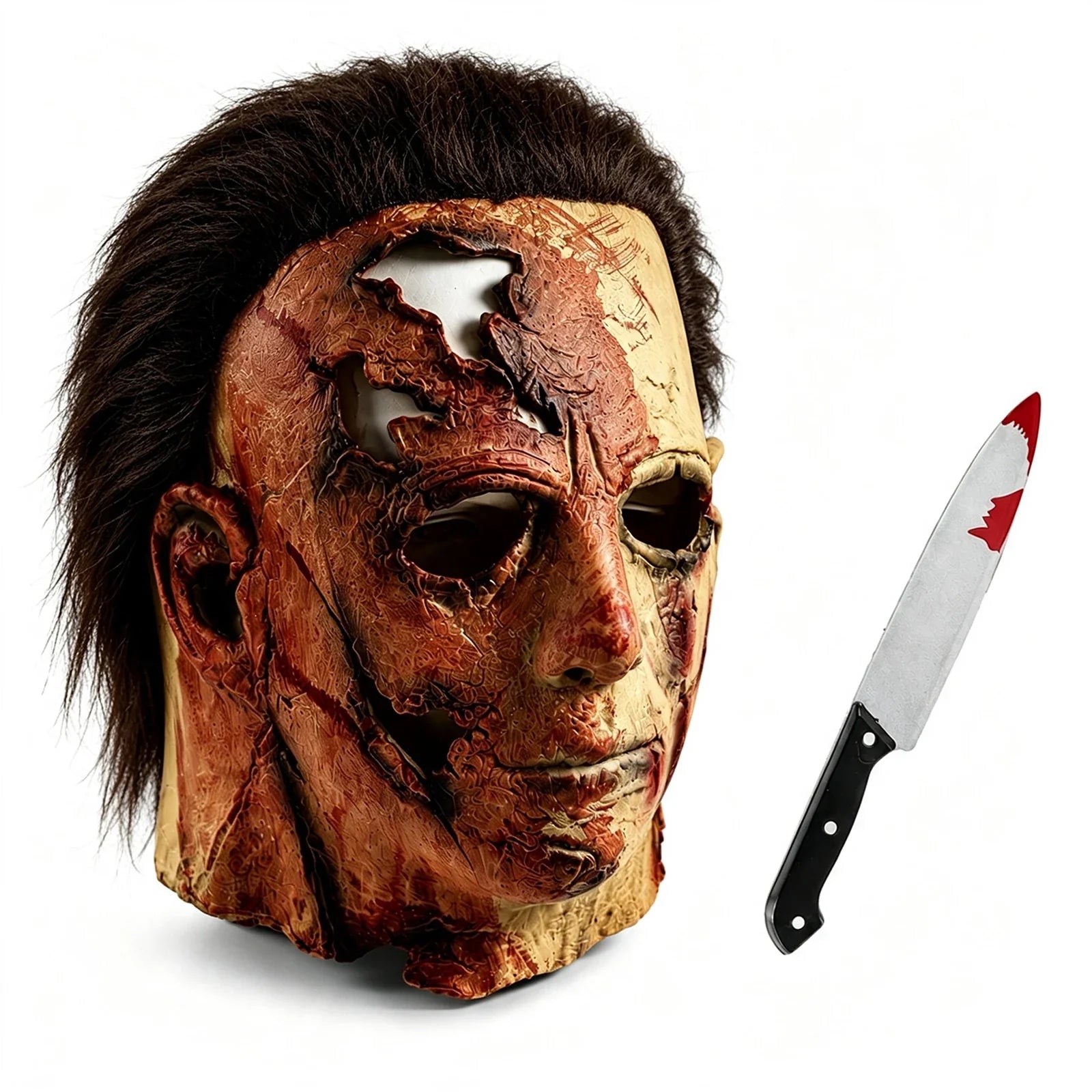 Front and three-quarter views of the Bloody Slasher Mask & Prop Knife Set