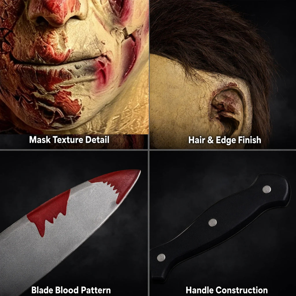 Close-up of the Bloody Slasher Mask & Prop Knife Set, showing texture and construction details