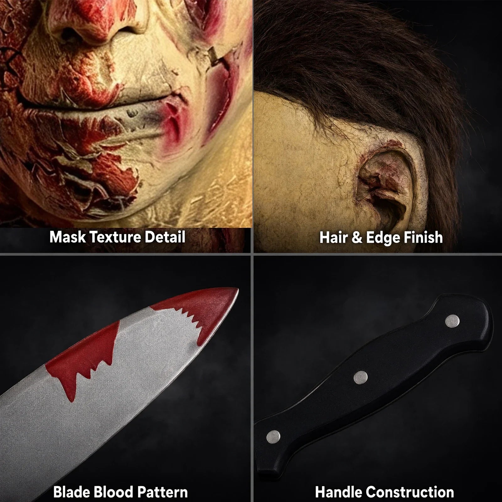 Close-up of the Bloody Slasher Mask & Prop Knife Set, showing texture and construction details