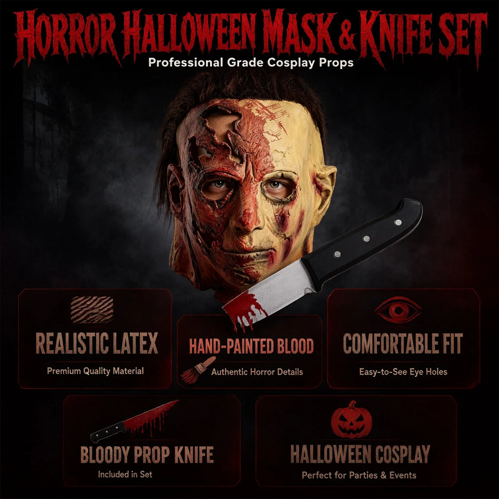 Included pieces and key product features for the Bloody Slasher Mask & Prop Knife Set