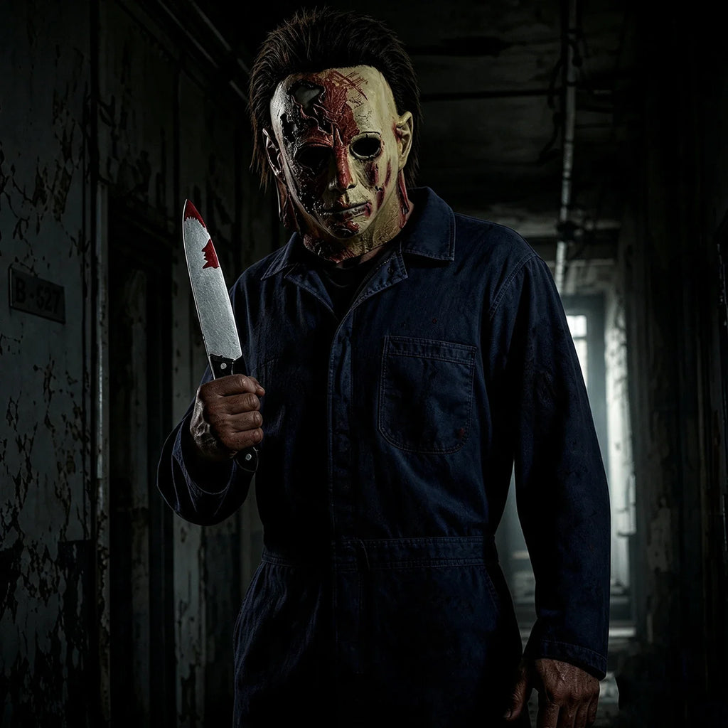 Model wearing the Bloody Slasher Mask & Prop Knife Set in a Halloween costume setting
