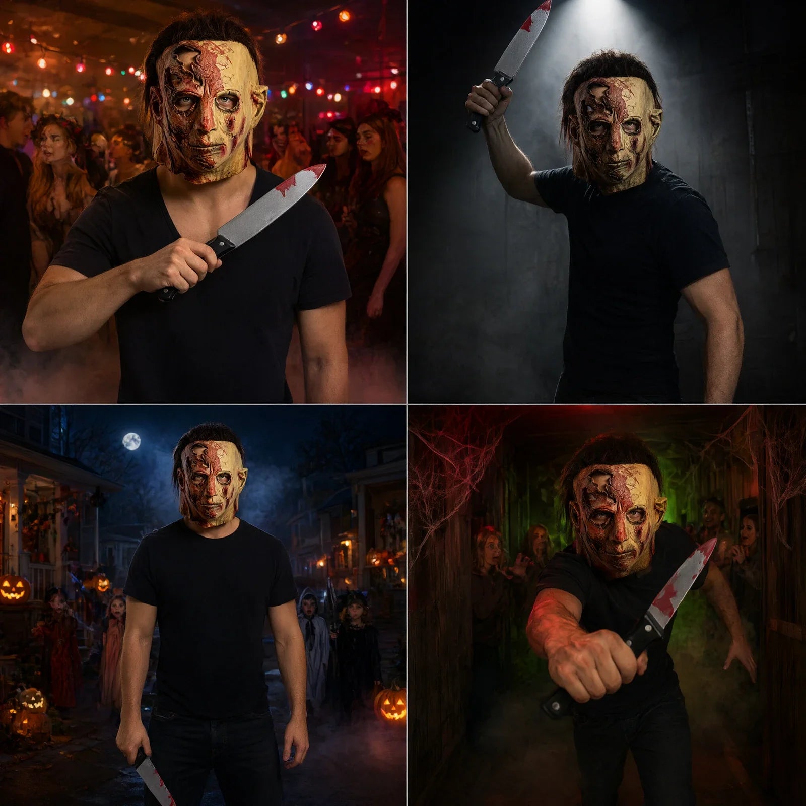 The Bloody Slasher Mask & Prop Knife Set shown in a second Halloween scene