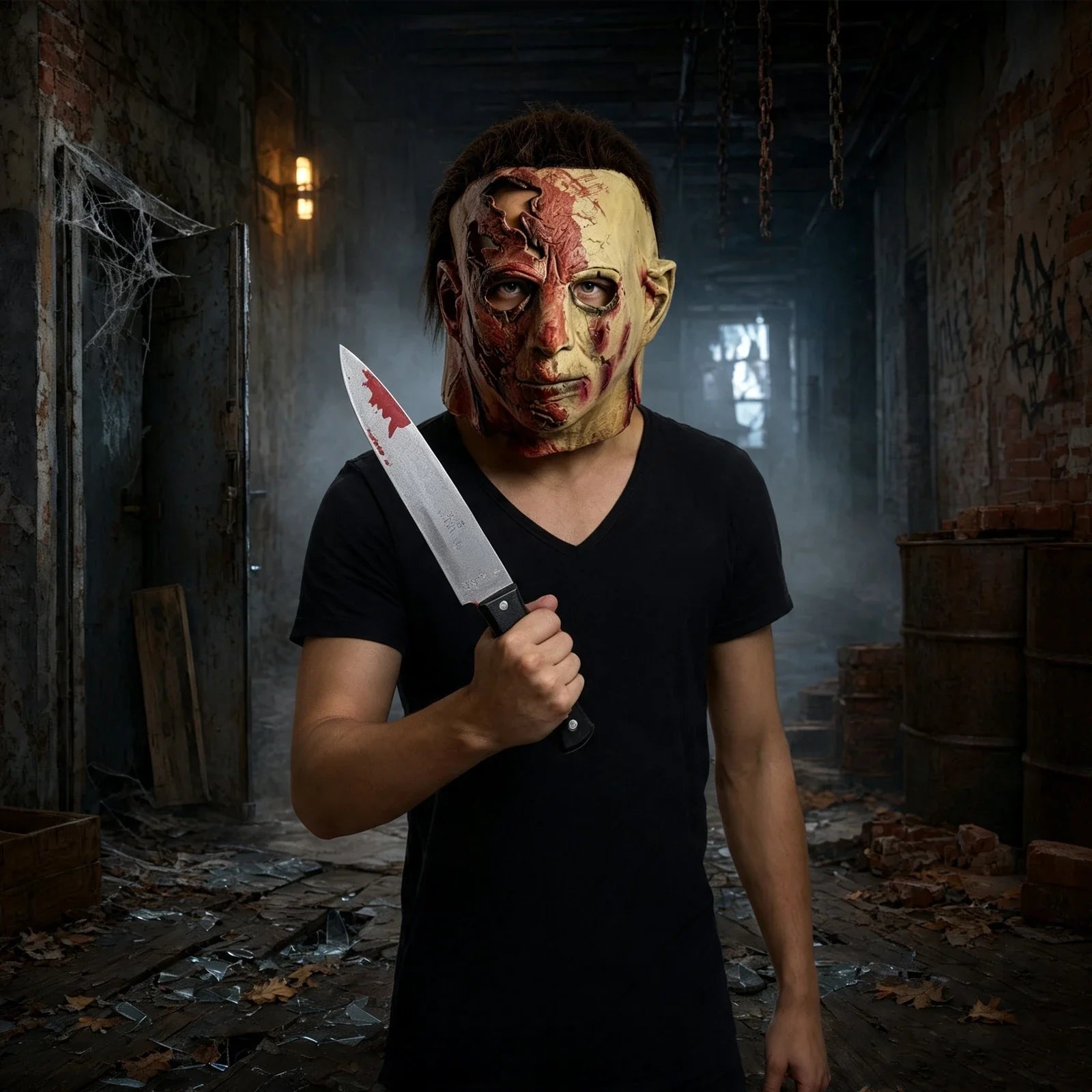 The Bloody Slasher Mask & Prop Knife Set shown in an additional full-body costume scene