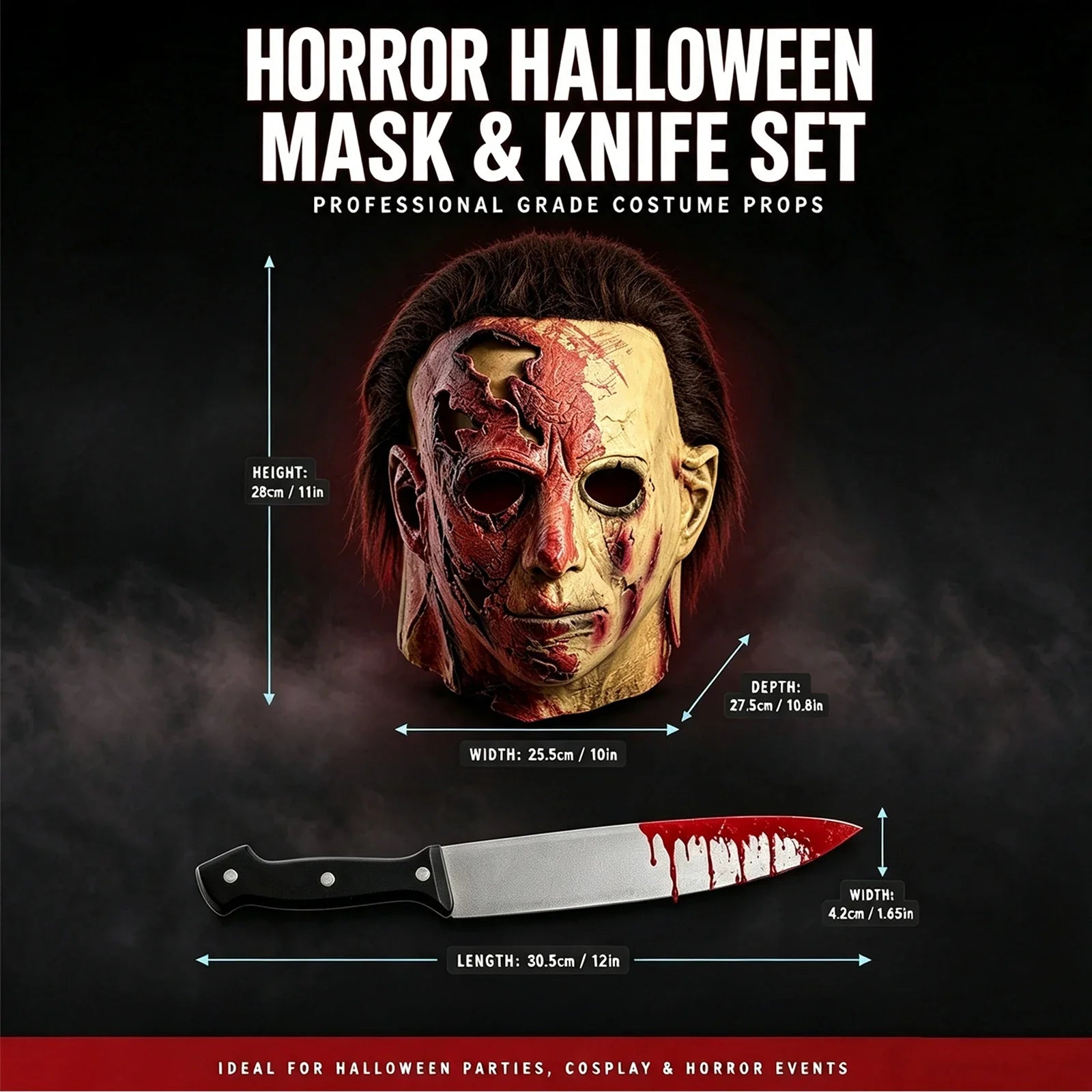 Size guide for the Bloody Slasher Mask & Prop Knife Set, with product and package measurements