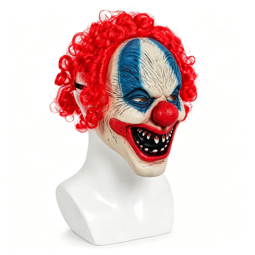 Front and three-quarter views of the Blue-Eyed Red Hair Clown Mask