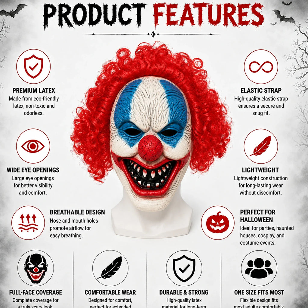 Included pieces and key product features for the Blue-Eyed Red Hair Clown Mask