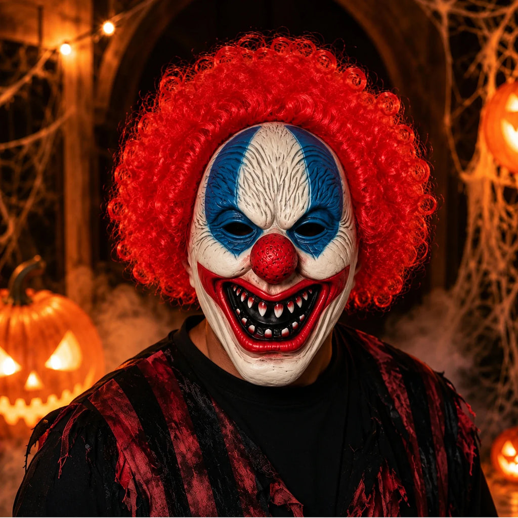 Model wearing the Blue-Eyed Red Hair Clown Mask in a Halloween costume setting