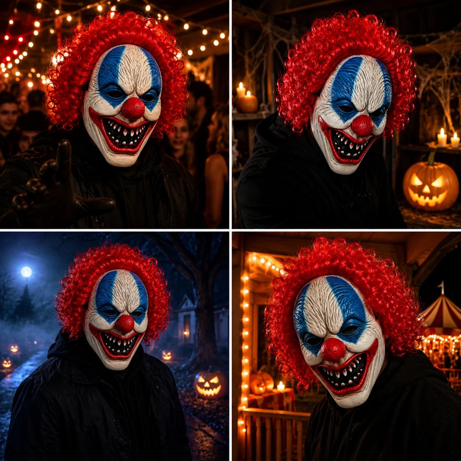 The Blue-Eyed Red Hair Clown Mask shown in a second Halloween scene
