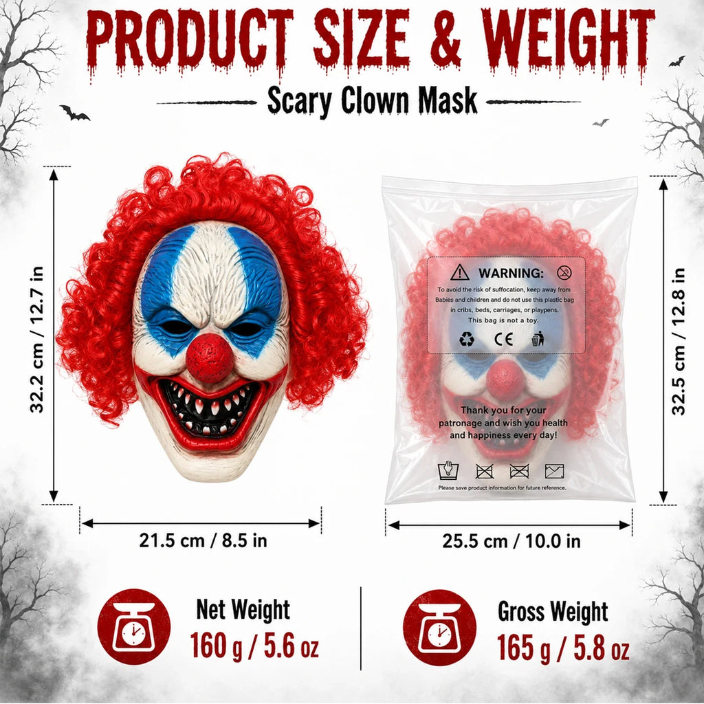 Size guide for the Blue-Eyed Red Hair Clown Mask, with product and package measurements