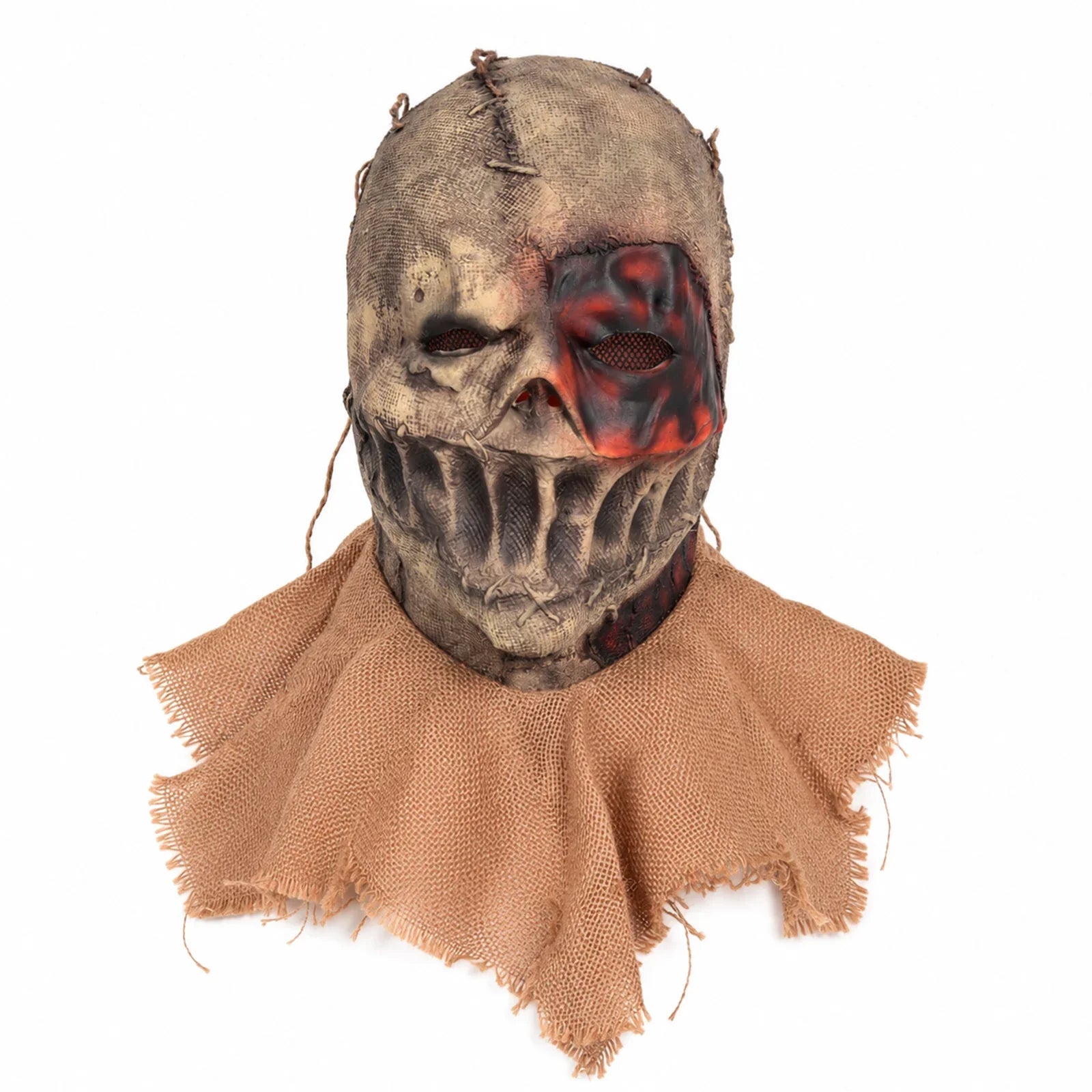 Front and three-quarter views of the Burlap Clown Full-Head Mask