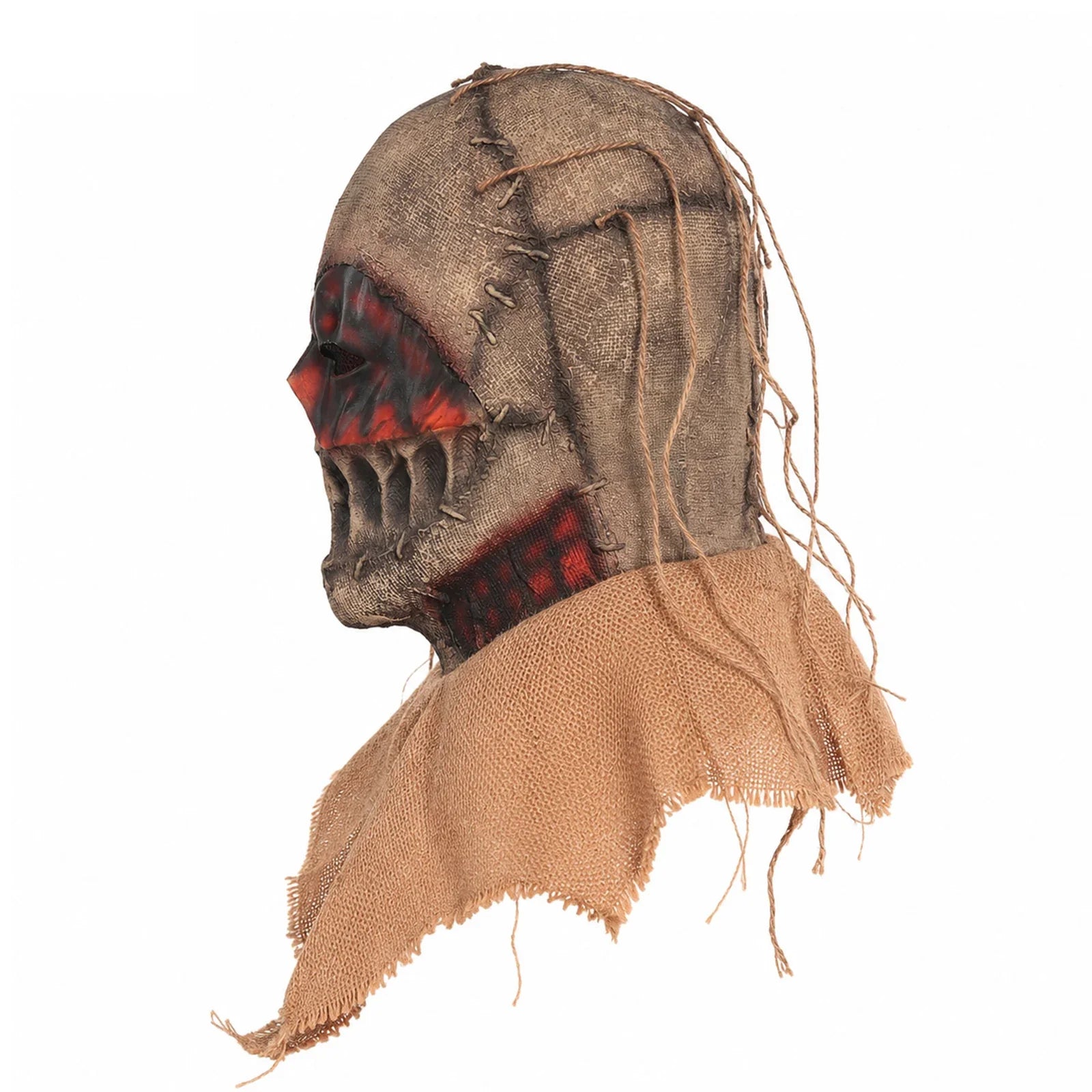 Side and rear views of the Burlap Clown Full-Head Mask