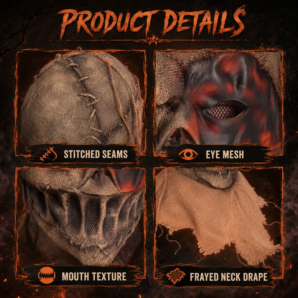 Close-up of the Burlap Clown Full-Head Mask, showing texture and construction details