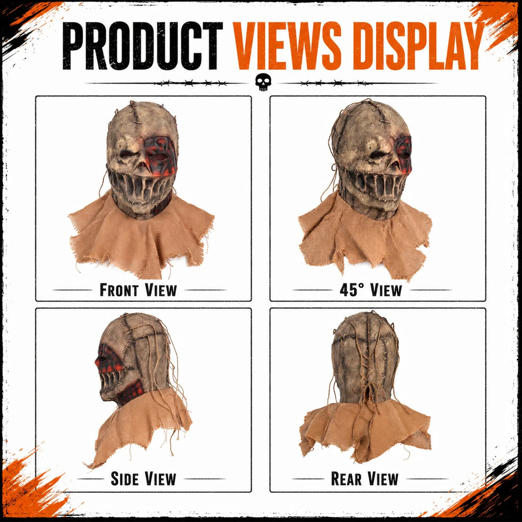 Included pieces and key product features for the Burlap Clown Full-Head Mask