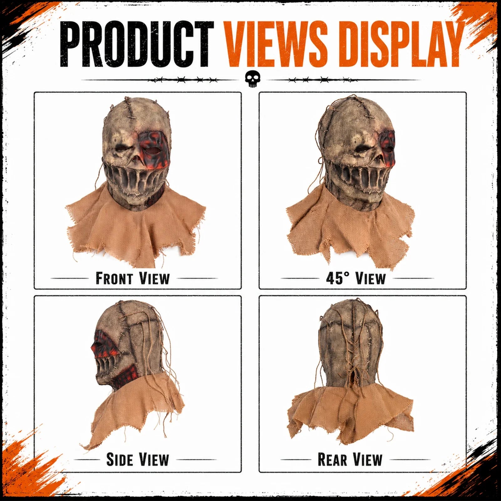 Included pieces and key product features for the Burlap Clown Full-Head Mask