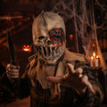 Model wearing the Burlap Clown Full-Head Mask in a Halloween costume setting