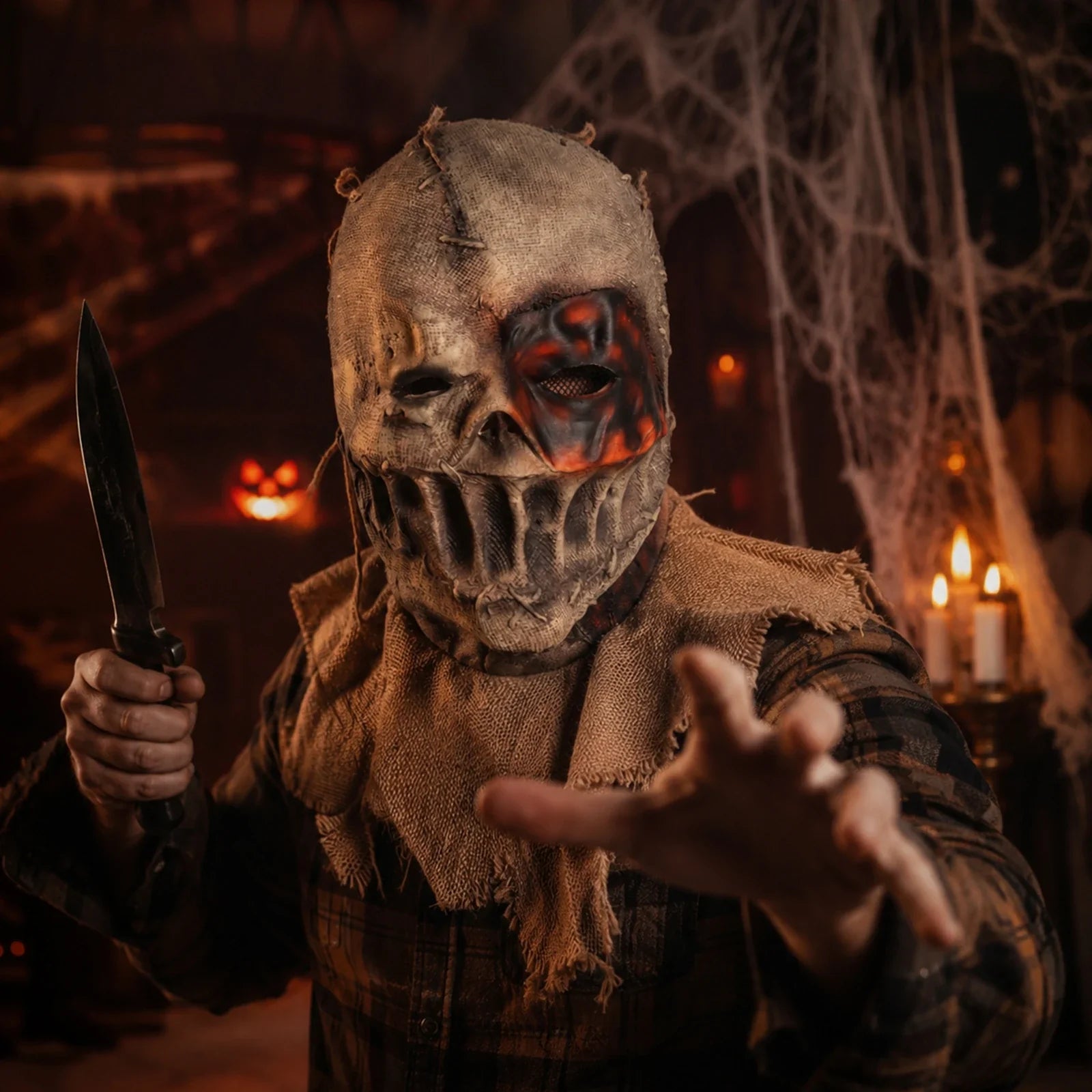 Model wearing the Burlap Clown Full-Head Mask in a Halloween costume setting