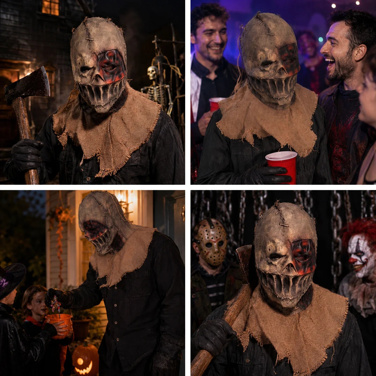 The Burlap Clown Full-Head Mask shown in a second Halloween scene