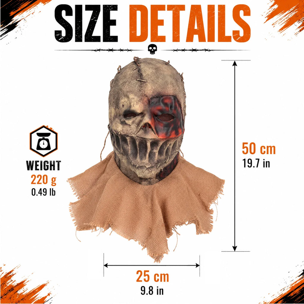 Size guide for the Burlap Clown Full-Head Mask, with product and package measurements