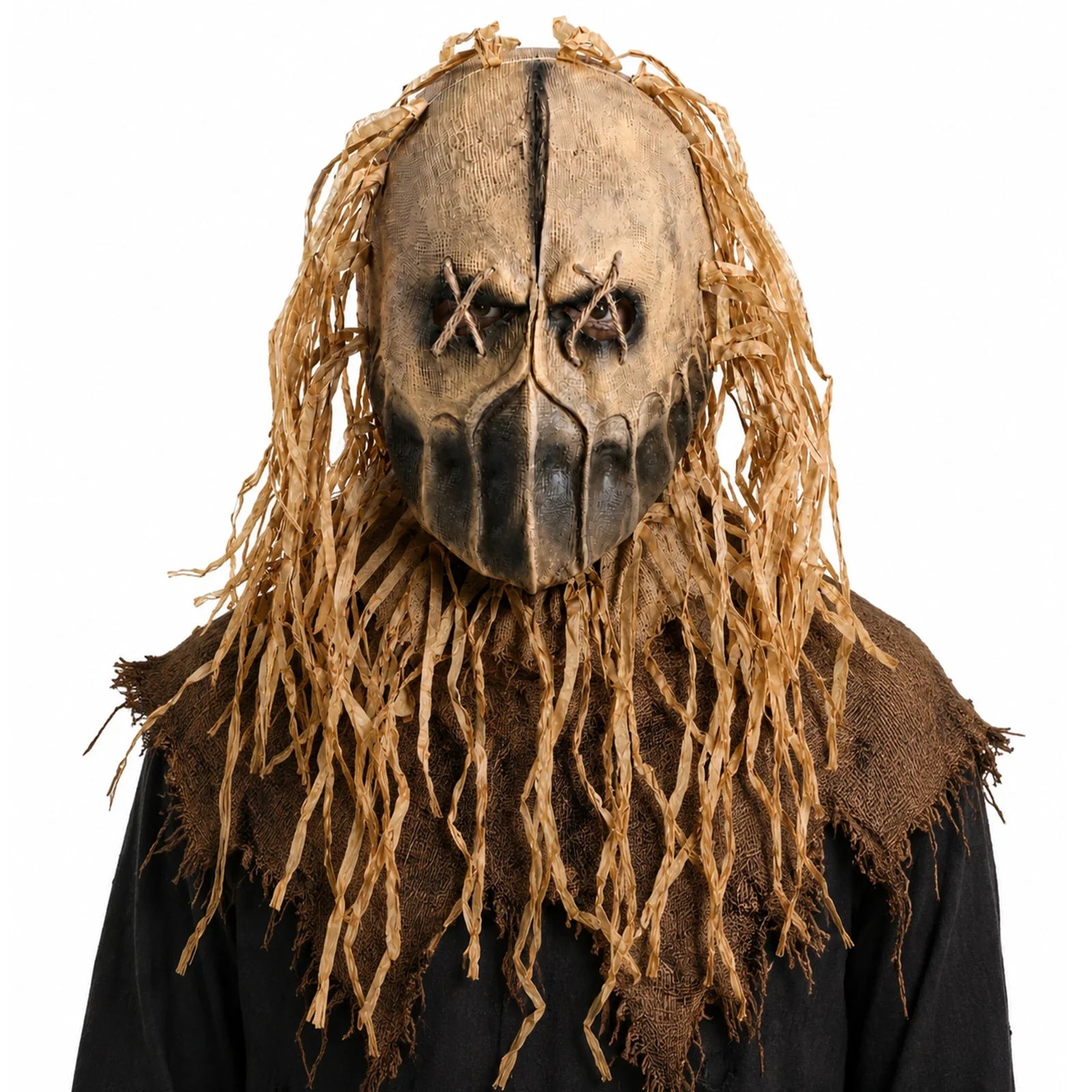 Alternate front view of the Burlap Scarecrow Full-Head Mask on a clean background