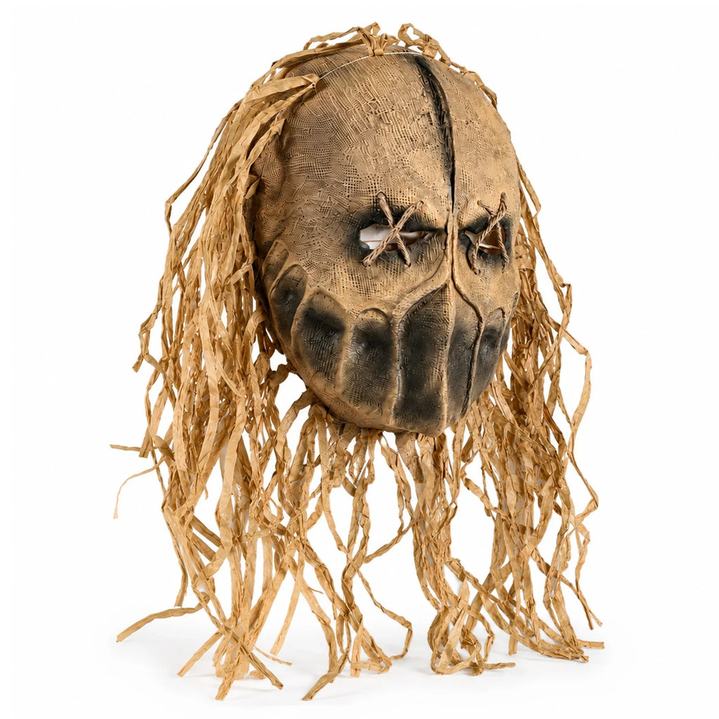 Front and three-quarter views of the Burlap Scarecrow Full-Head Mask