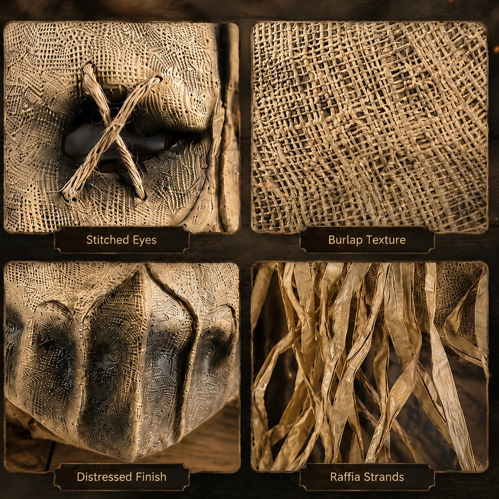 Close-up of the Burlap Scarecrow Full-Head Mask, showing texture and construction details