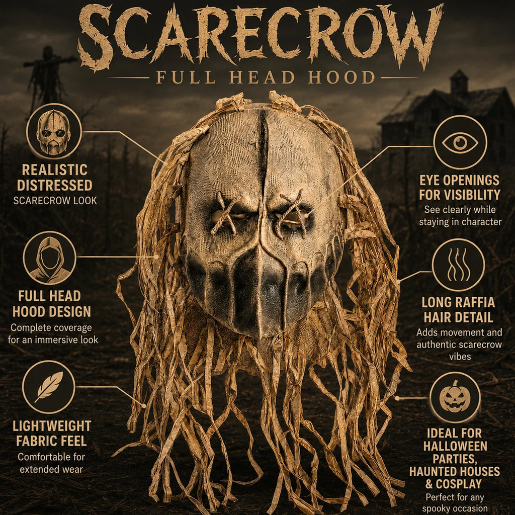 Included pieces and key product features for the Burlap Scarecrow Full-Head Mask