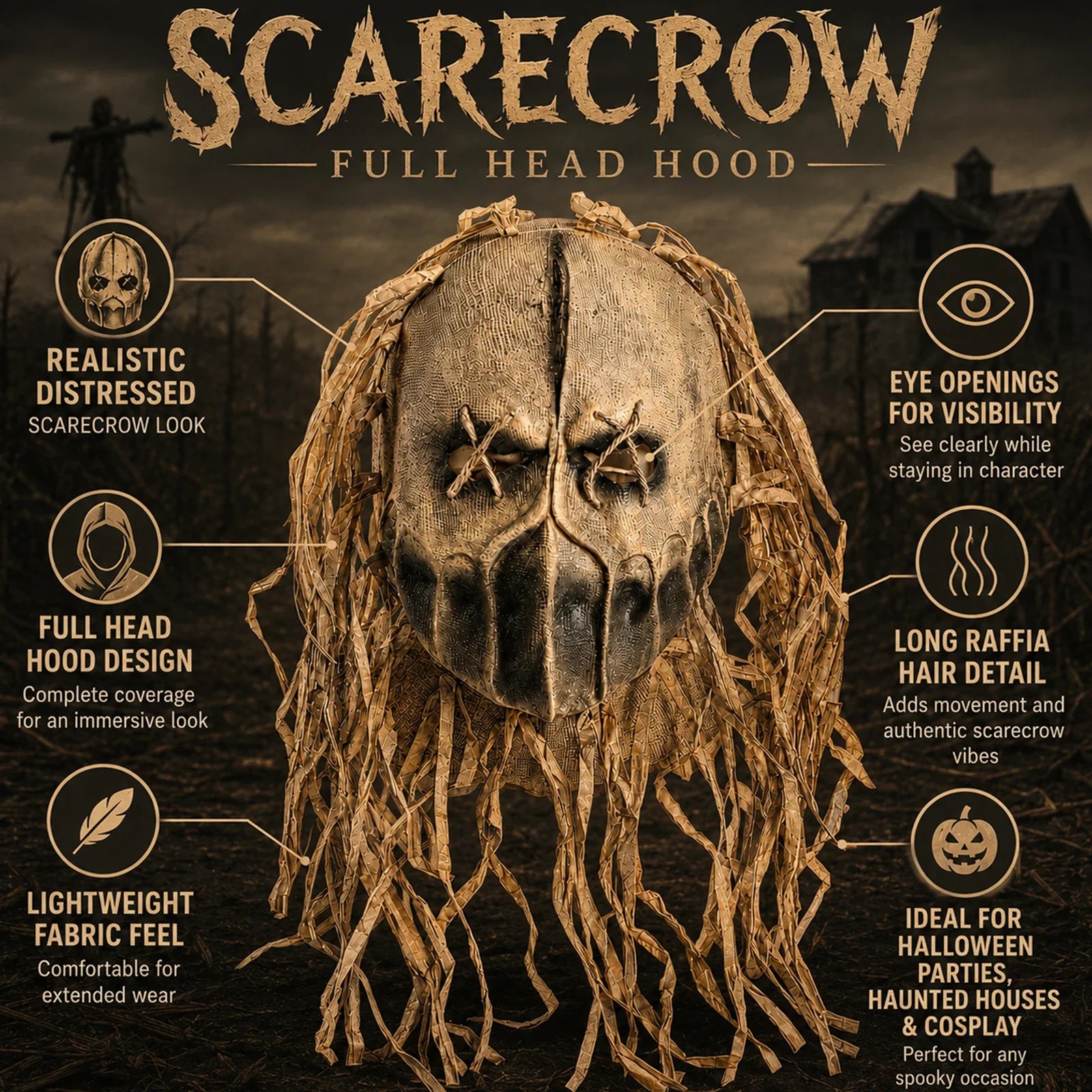Included pieces and key product features for the Burlap Scarecrow Full-Head Mask