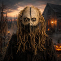 Model wearing the Burlap Scarecrow Full-Head Mask in a Halloween costume setting