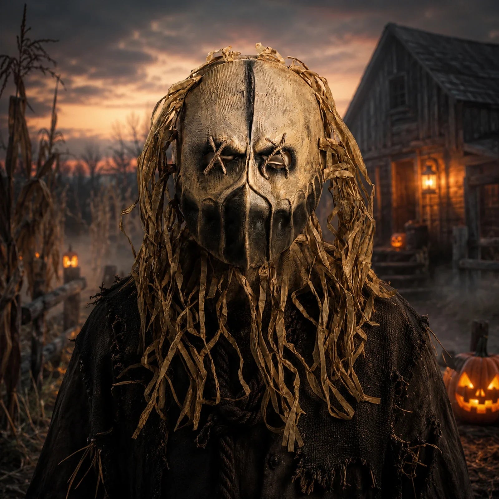 Model wearing the Burlap Scarecrow Full-Head Mask in a Halloween costume setting
