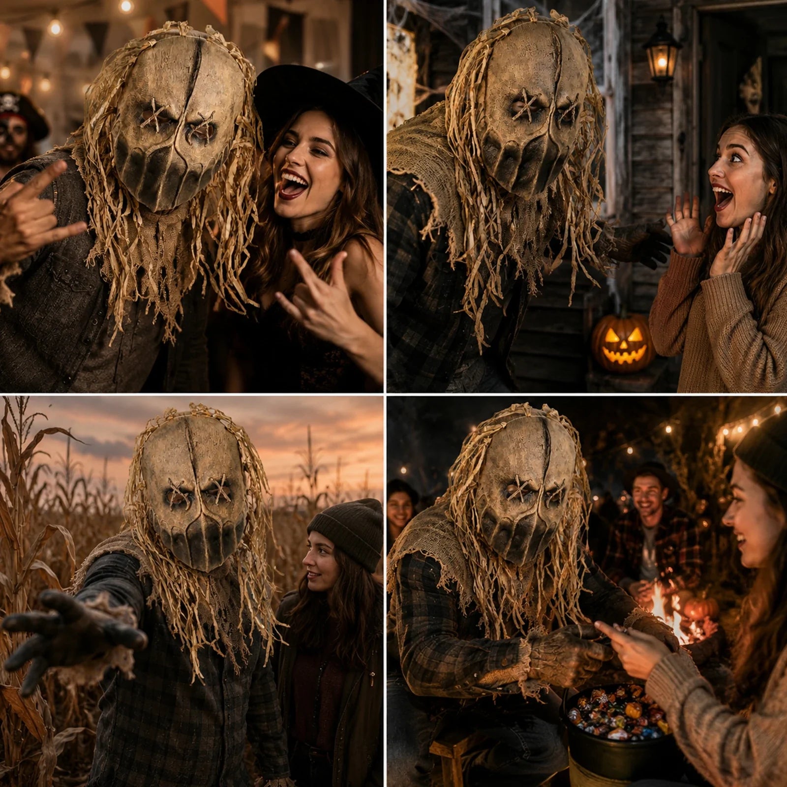 The Burlap Scarecrow Full-Head Mask shown in a second Halloween scene