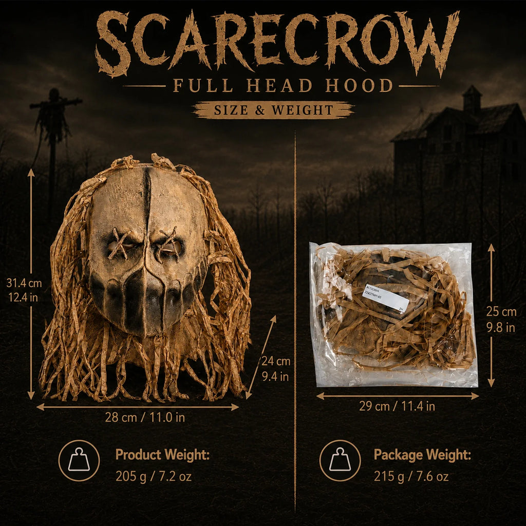 Size guide for the Burlap Scarecrow Full-Head Mask, with product and package measurements