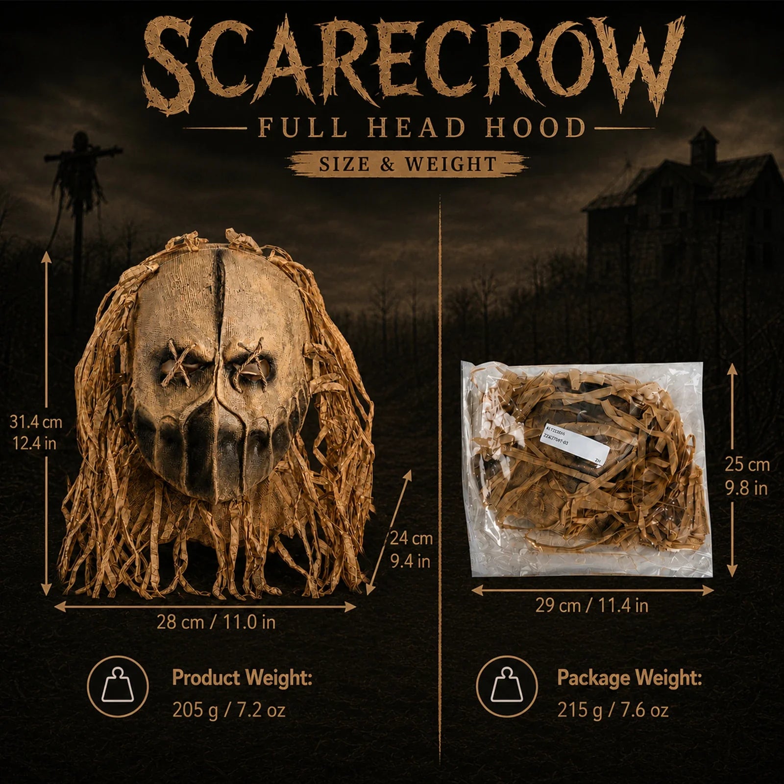 Size guide for the Burlap Scarecrow Full-Head Mask, with product and package measurements