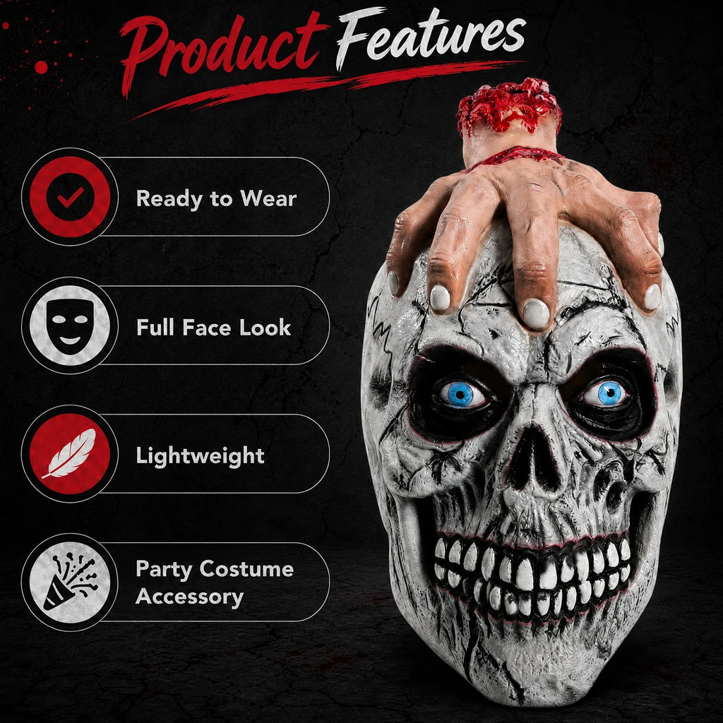 Included pieces and key product features for the Clawing Hand Skull Mask