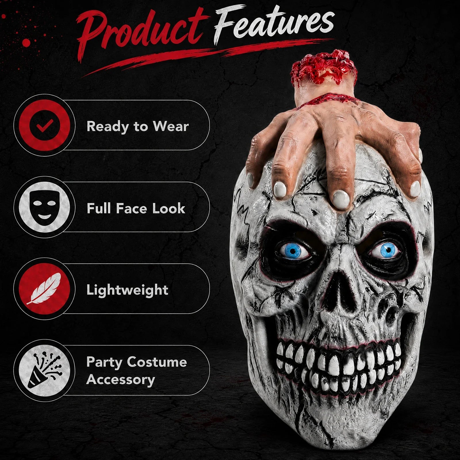 Included pieces and key product features for the Clawing Hand Skull Mask