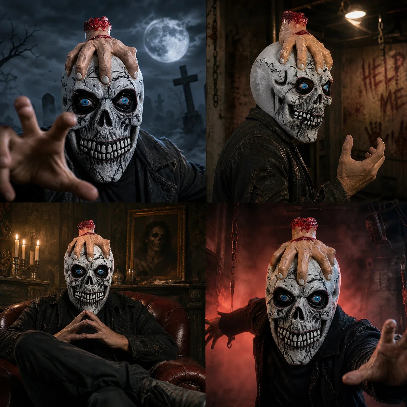 The Clawing Hand Skull Mask shown in a second Halloween scene