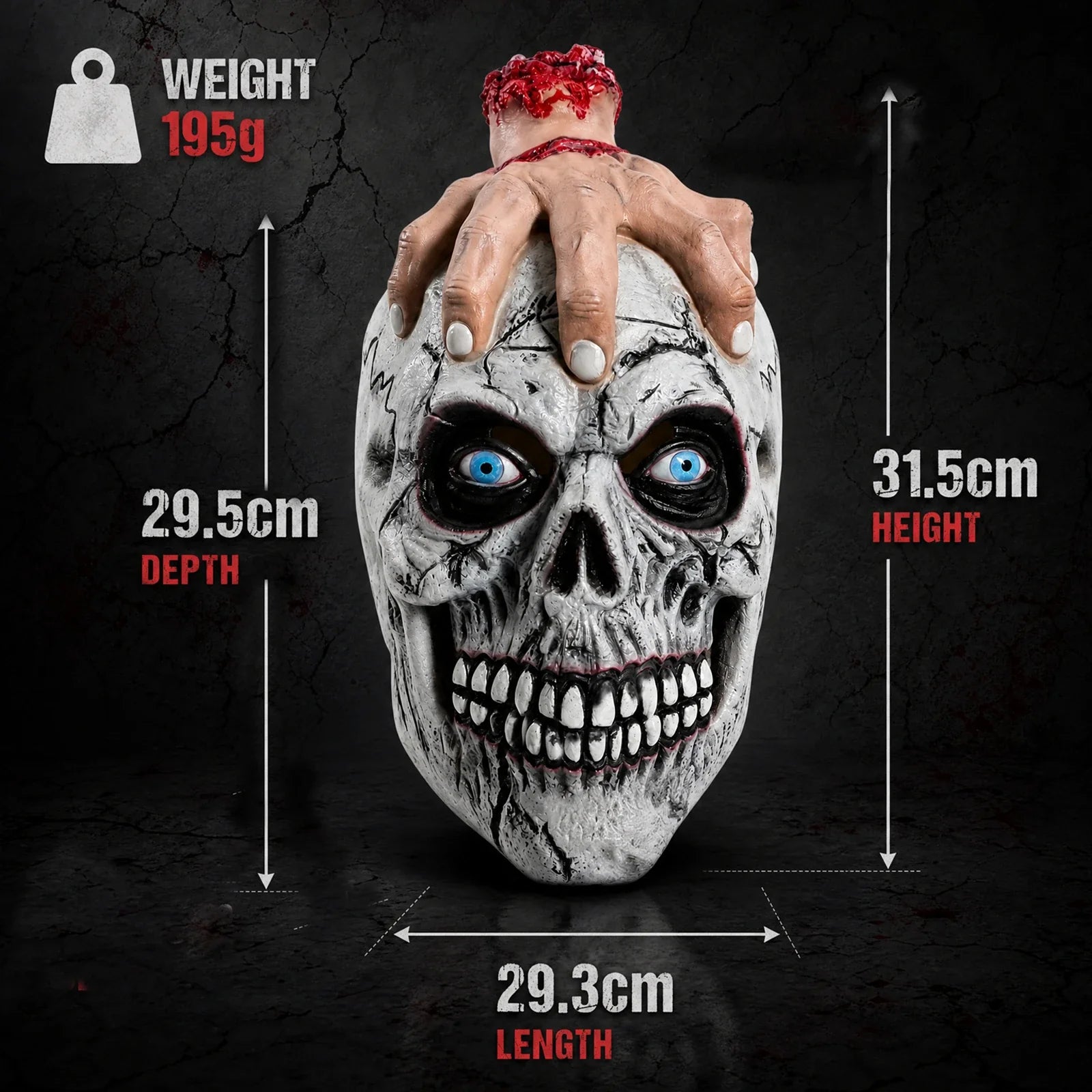 Size guide for the Clawing Hand Skull Mask, with product and package measurements