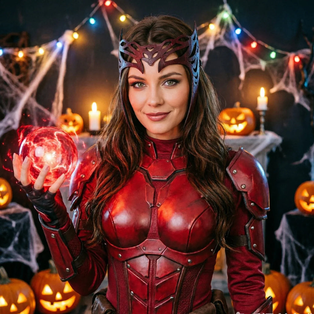 Model wearing the Crimson Witch Crown Headpiece in a Halloween costume setting