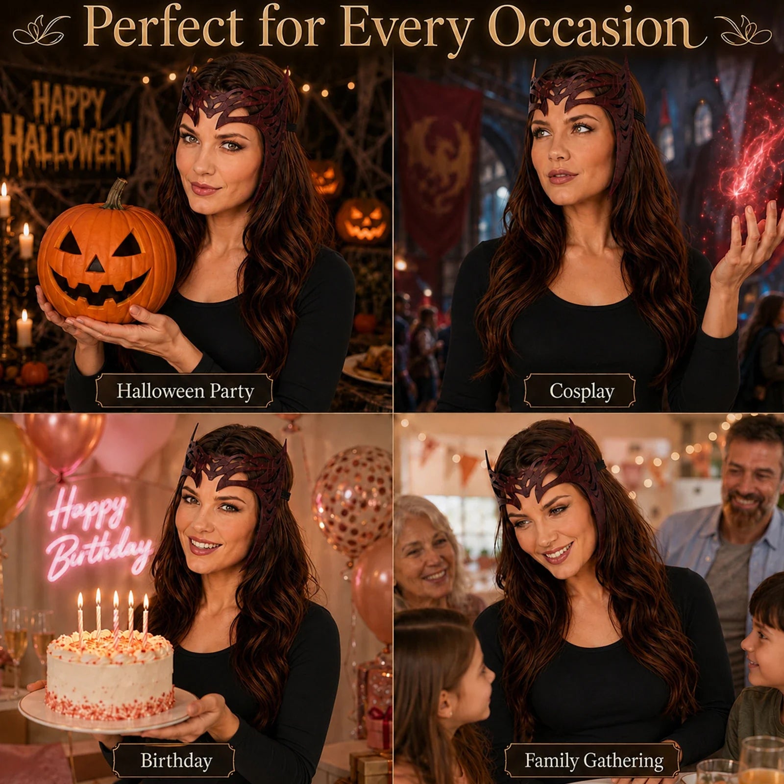 The Crimson Witch Crown Headpiece shown in an additional full-body costume scene