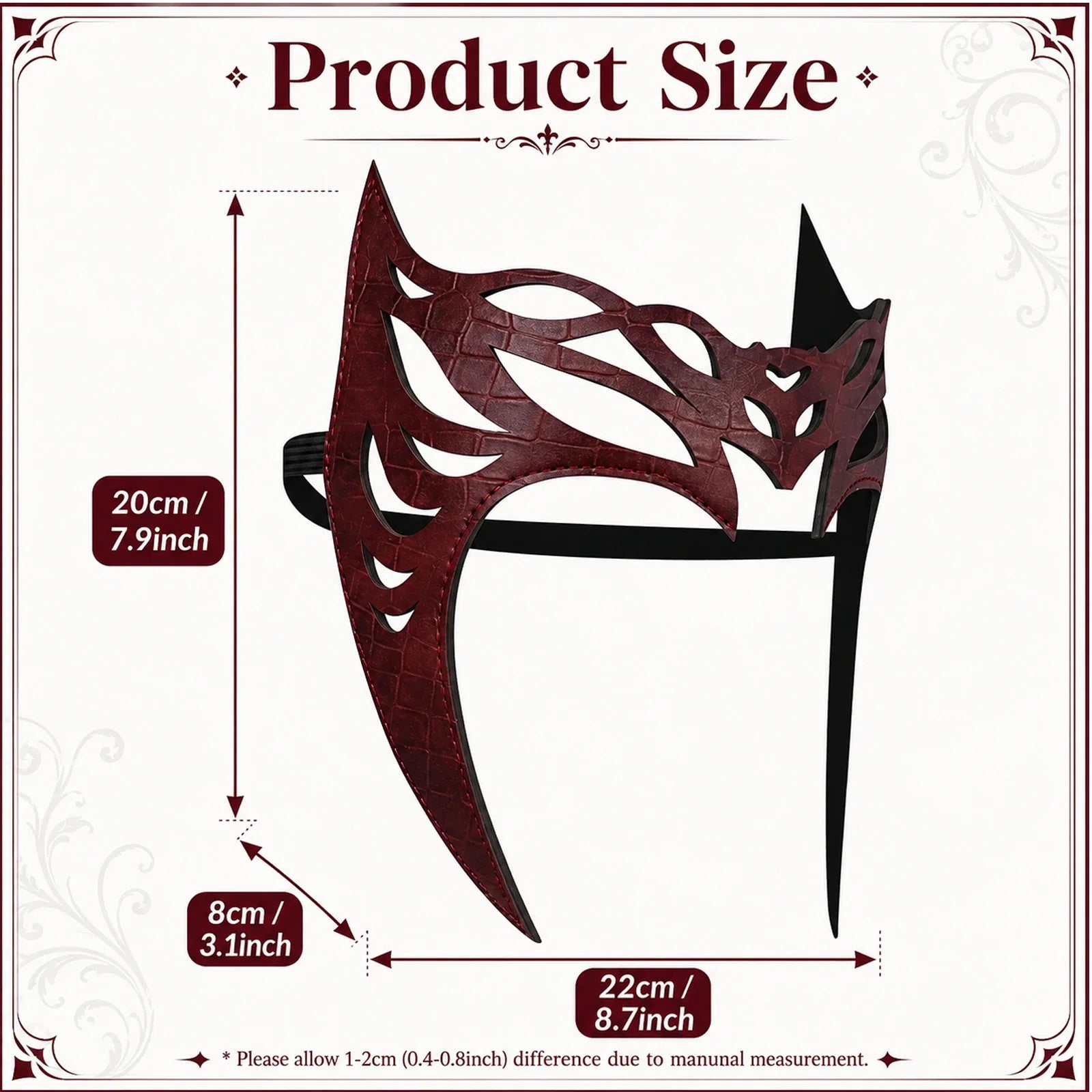 Size guide for the Crimson Witch Crown Headpiece, with product and package measurements