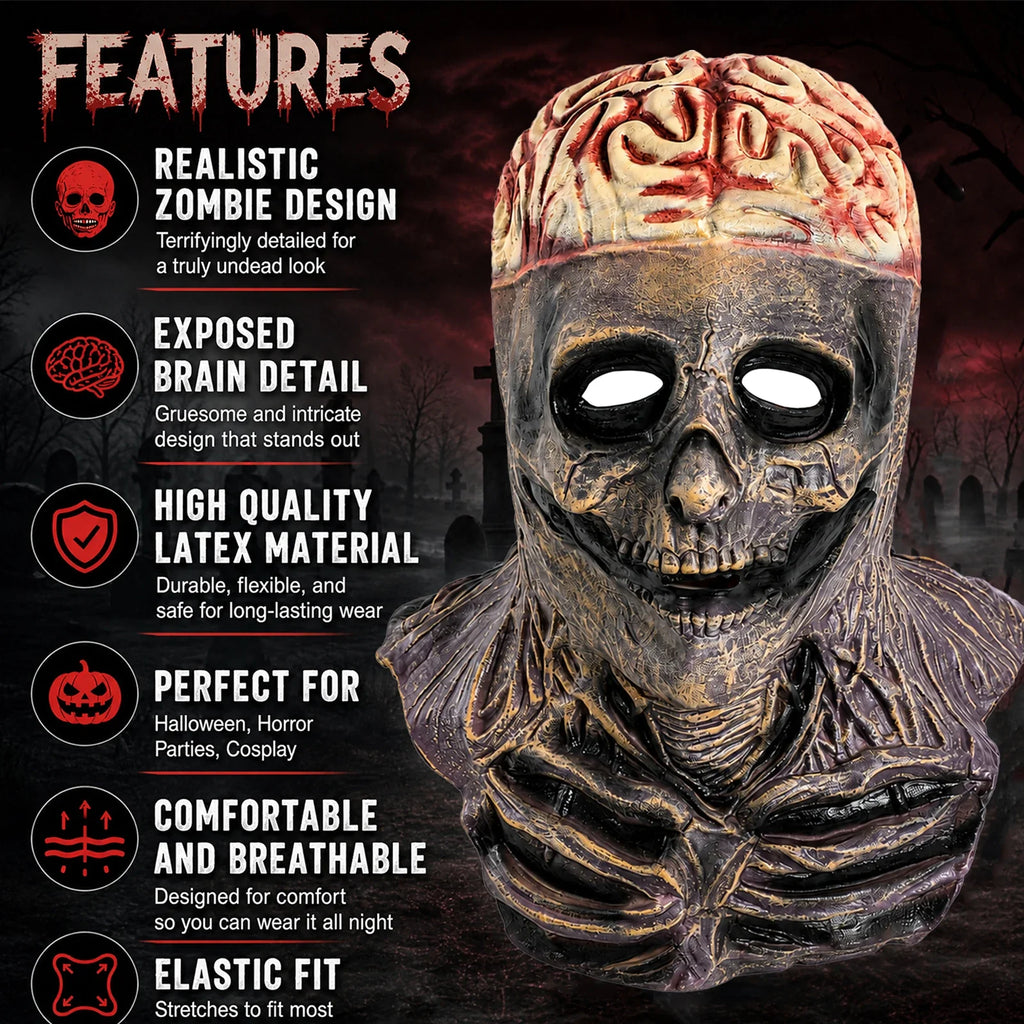 Included pieces and key product features for the Exposed Brain Skull Mask