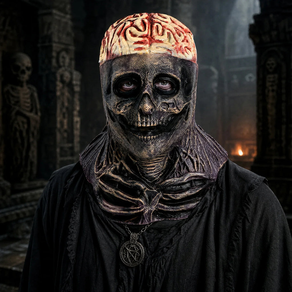 Model wearing the Exposed Brain Skull Mask in a Halloween costume setting