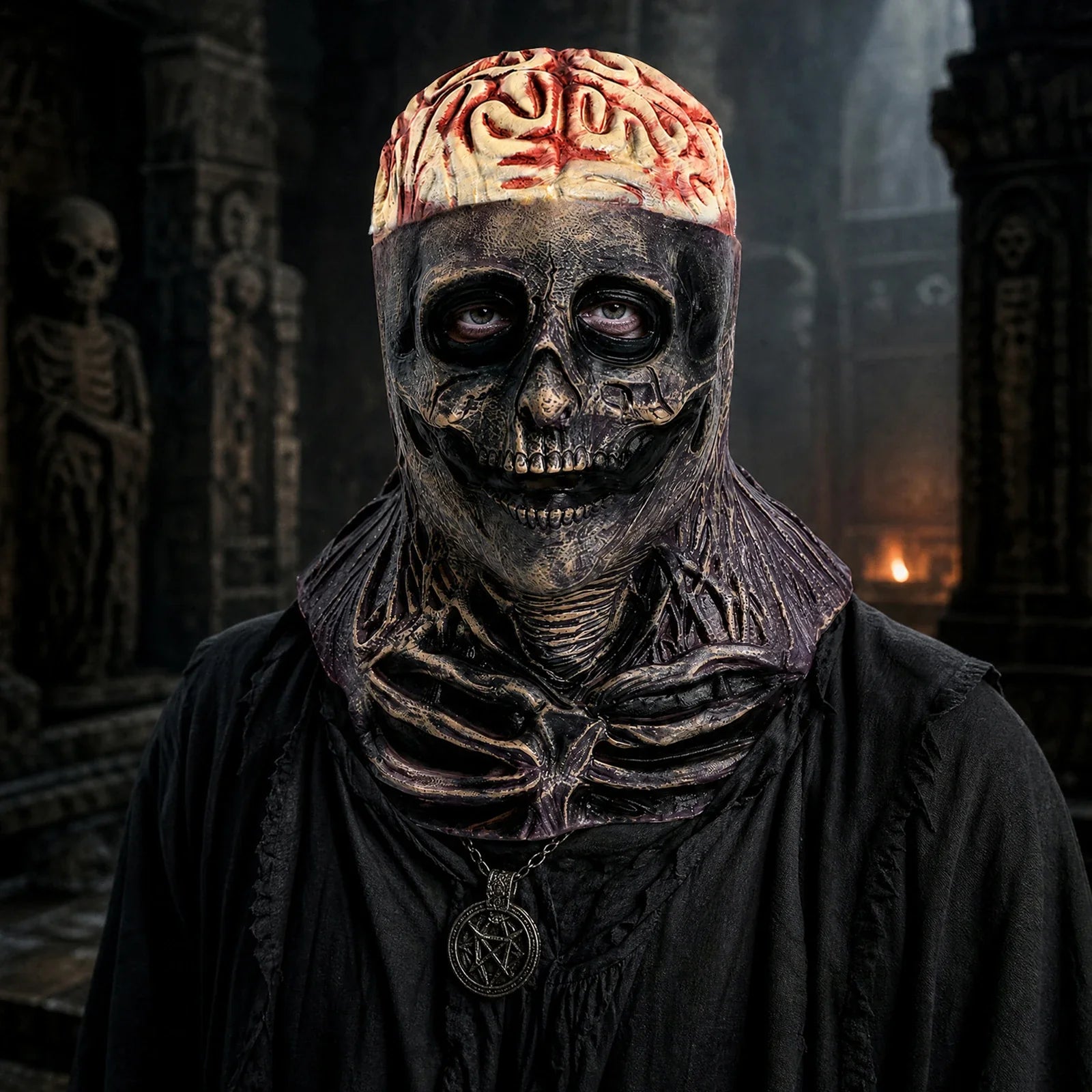 Model wearing the Exposed Brain Skull Mask in a Halloween costume setting
