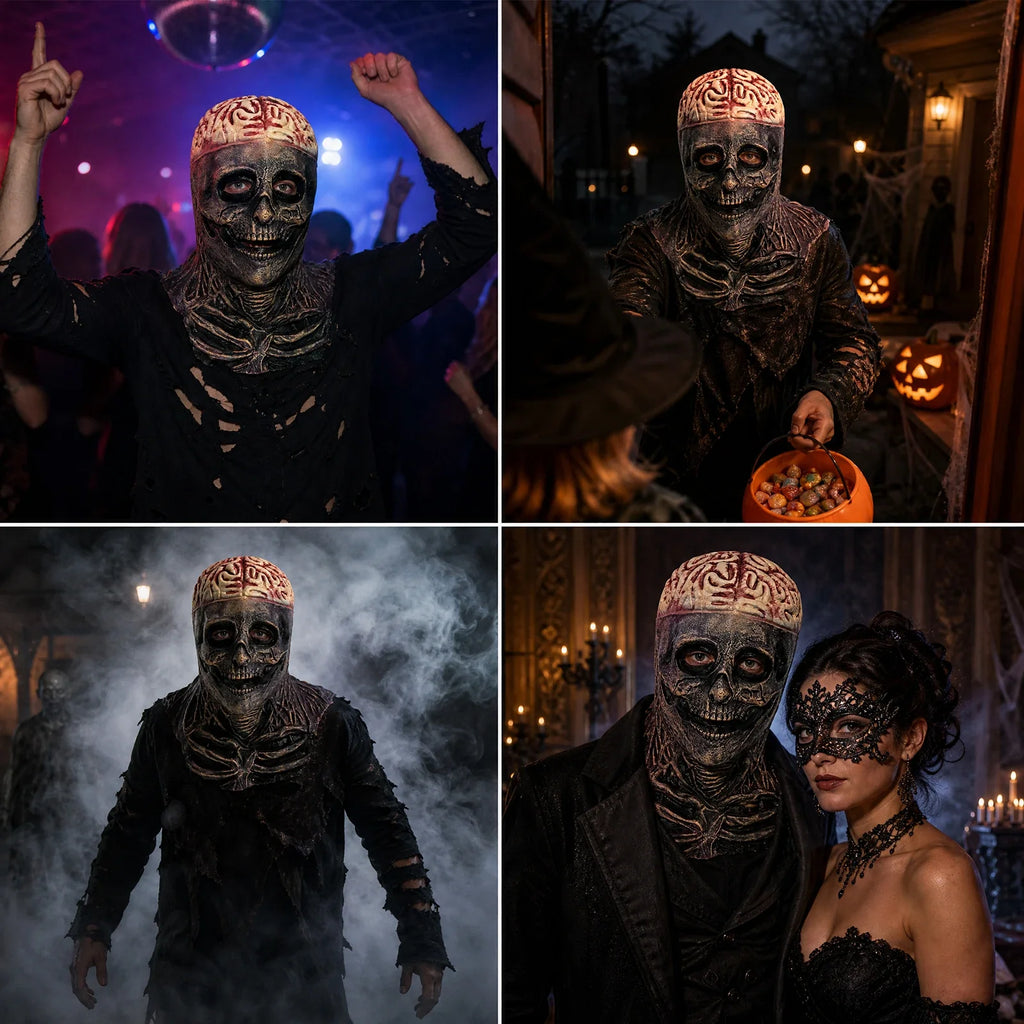 The Exposed Brain Skull Mask shown in a second Halloween scene
