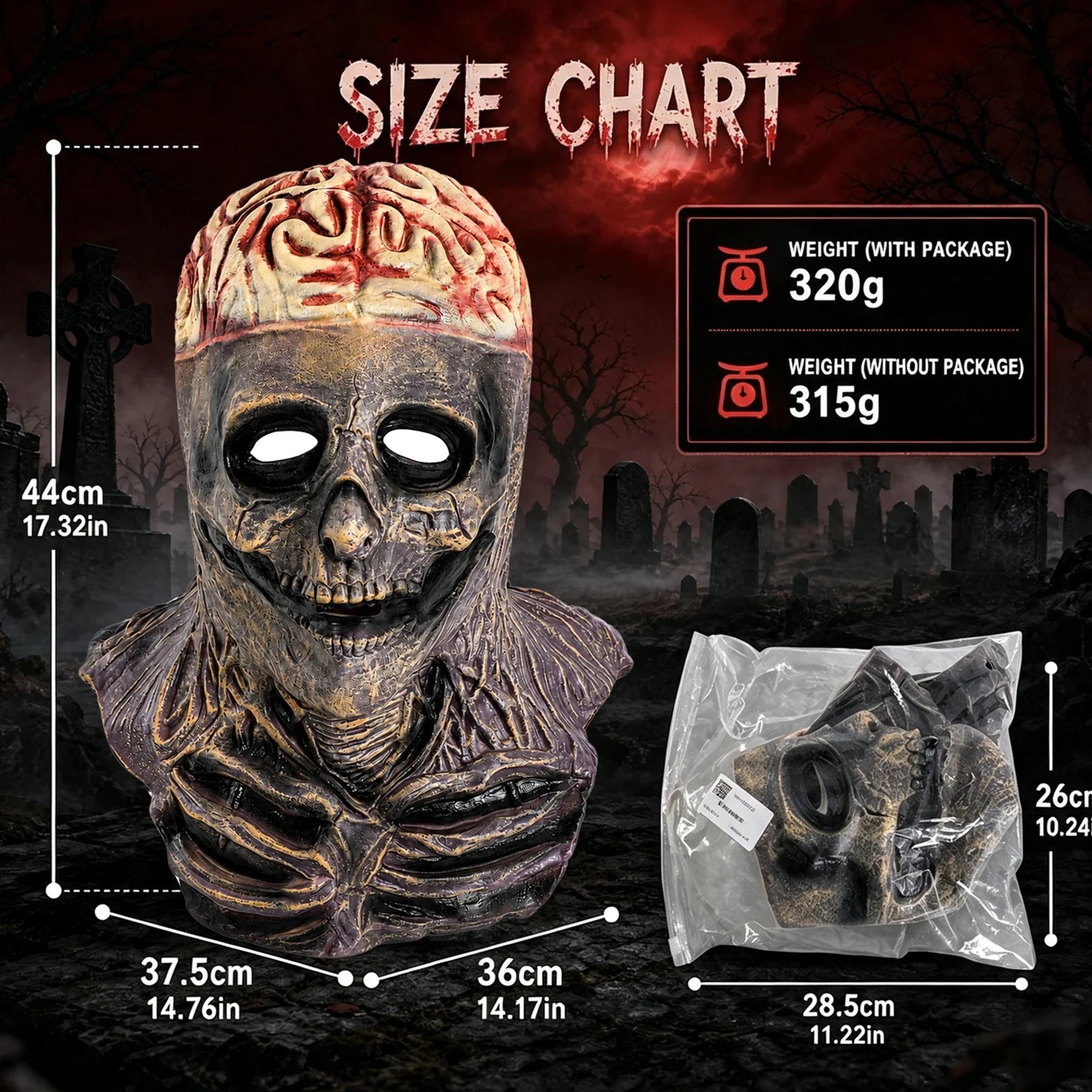 Size guide for the Exposed Brain Skull Mask, with product and package measurements