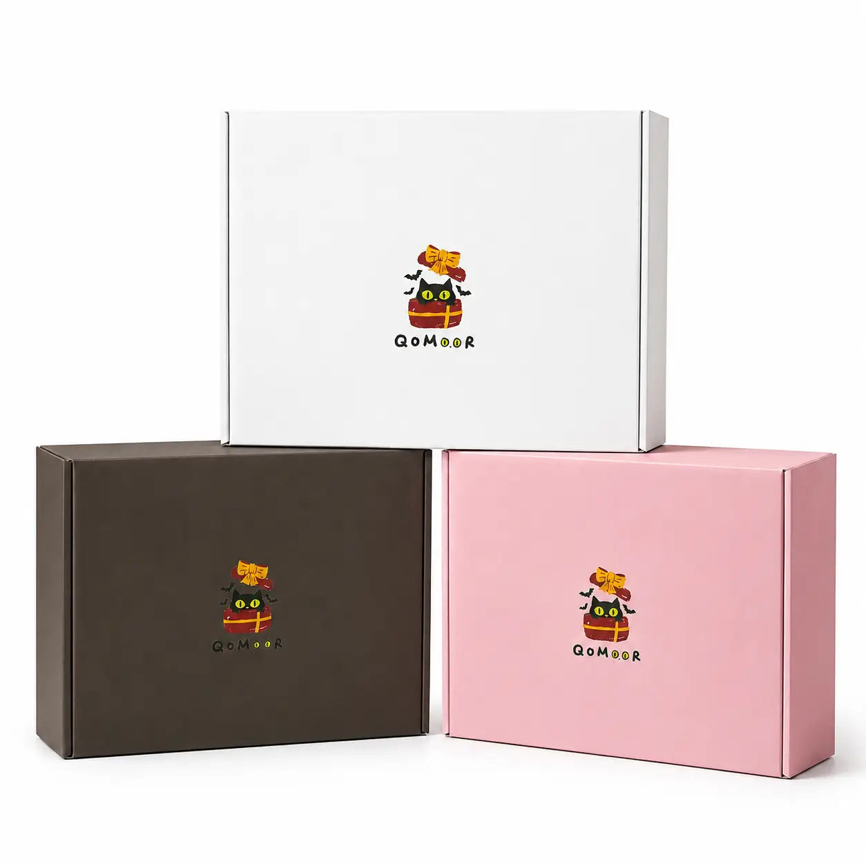 Qomoor gift box packaging set in white, brown, and pink colors for party decorations, gift sets, and themed celebration products.