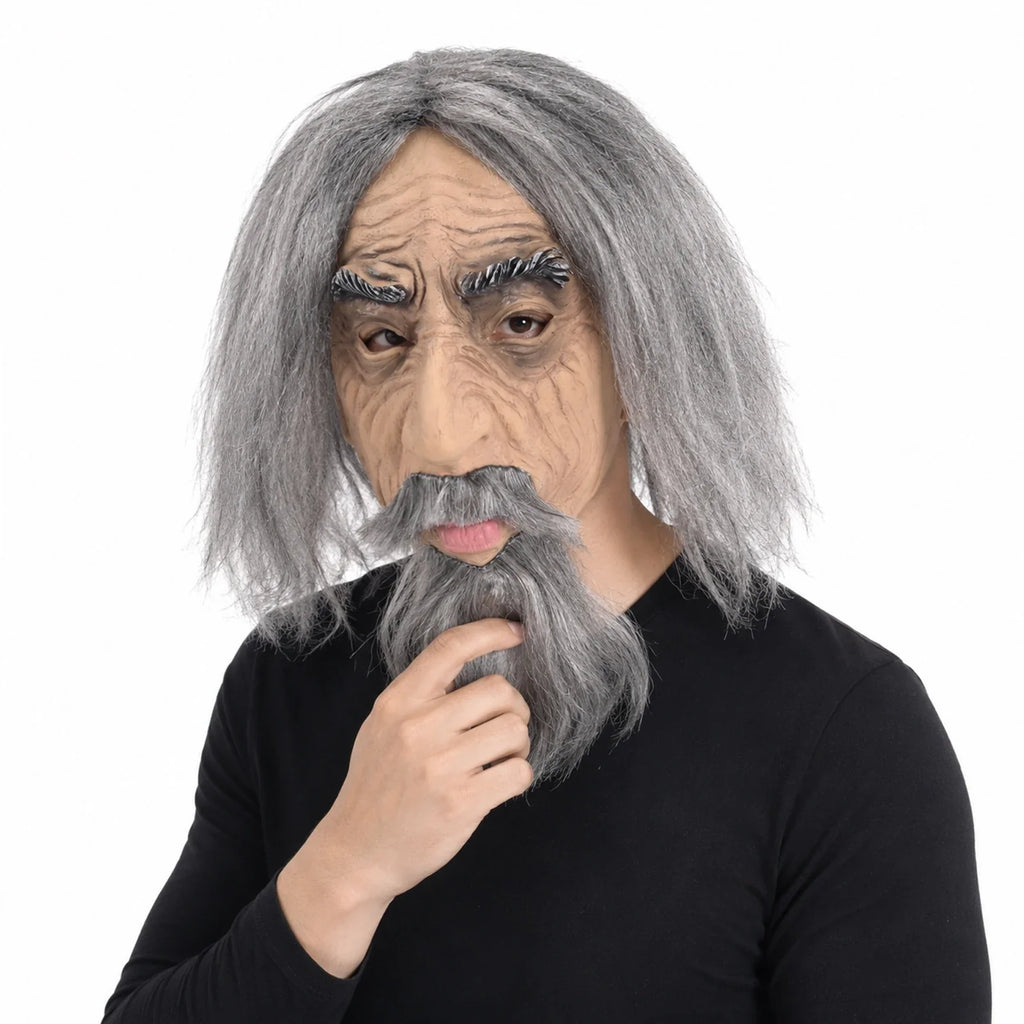 Alternate front view of the Gray-Haired Old Man Mask with Beard on a clean background
