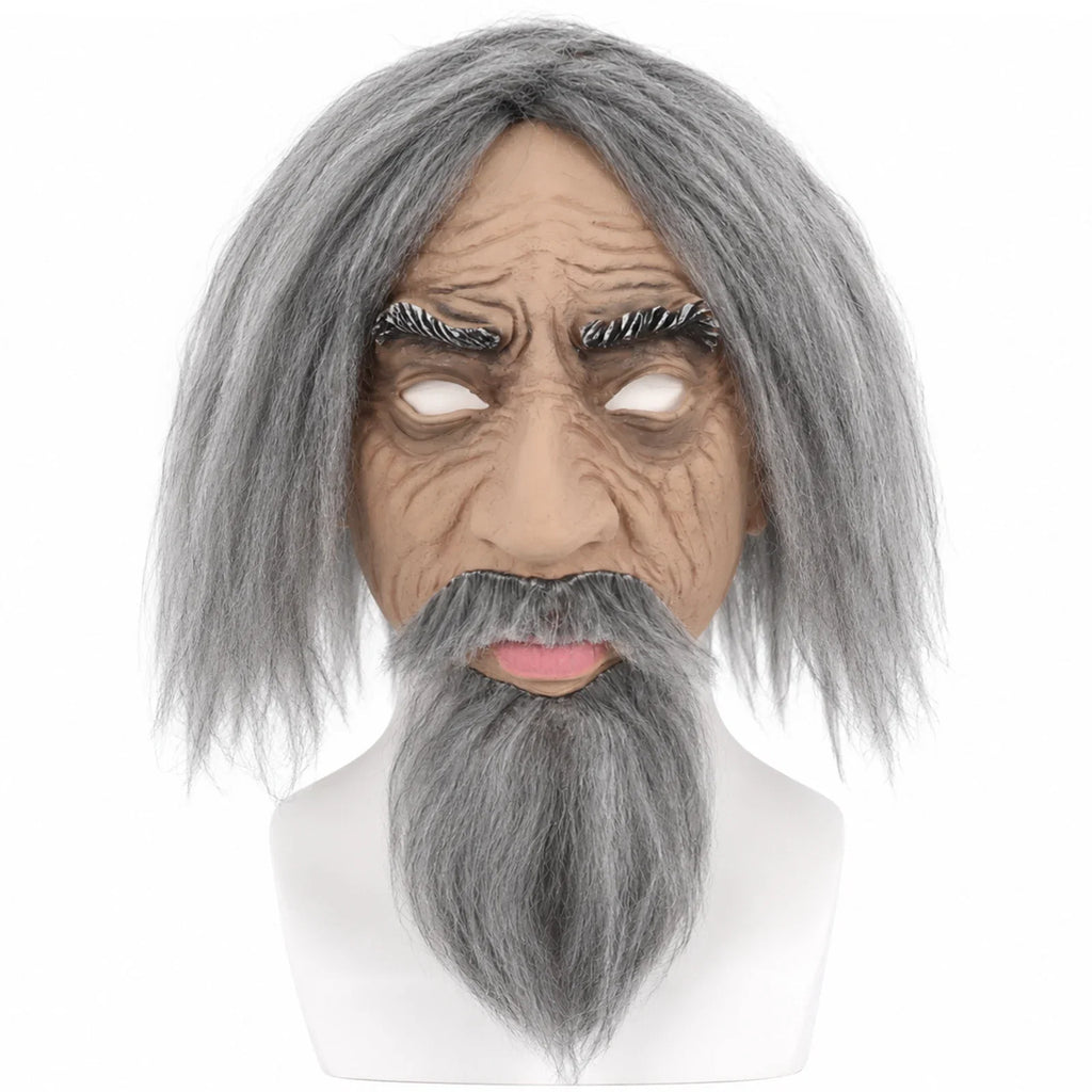 Front and three-quarter views of the Gray-Haired Old Man Mask with Beard