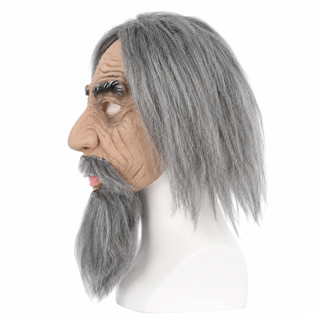 Side and rear views of the Gray-Haired Old Man Mask with Beard