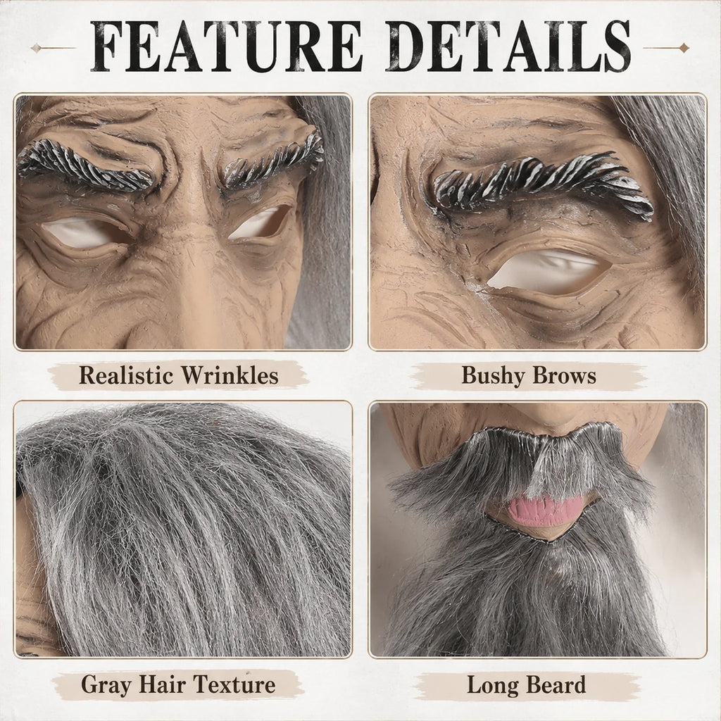 Close-up of the Gray-Haired Old Man Mask with Beard, showing texture and construction details